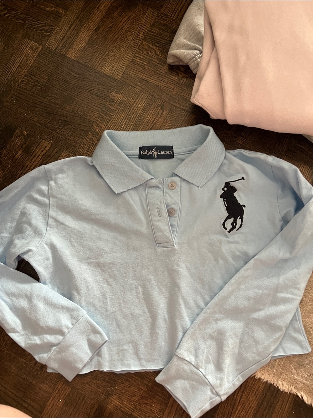 Ralph Lauren Cropped Light Blue Long Sleeve Polo with Navy Pony
